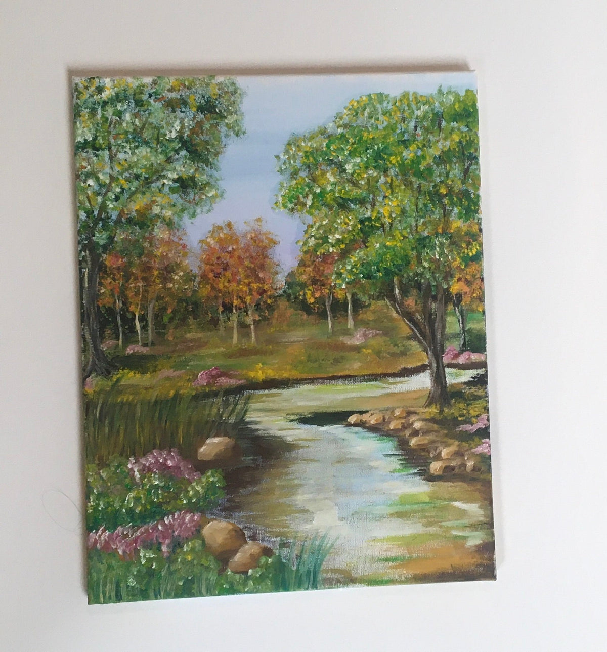 Landscape relaxing outdoor stream trees Original oil painting art wall hanging