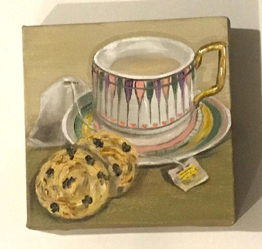 Tea and cookies 6x6 inches Original oil painting art wall hanging