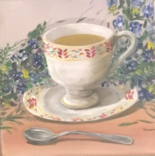 Original 10x10 oil painting tea cup flowers kitchen art ready ooak wall hanging gift