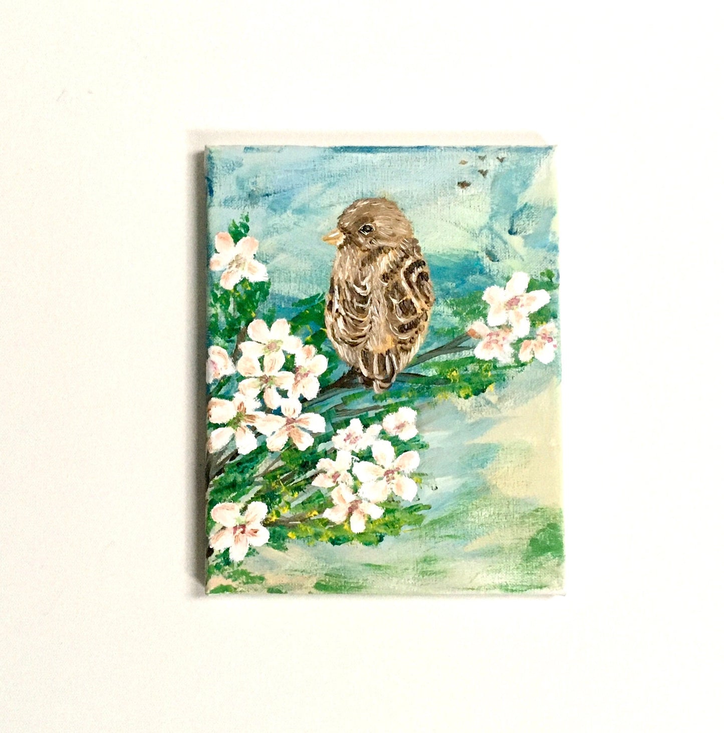 Original oil painting birds lookin back chickadee art ready wall hanging