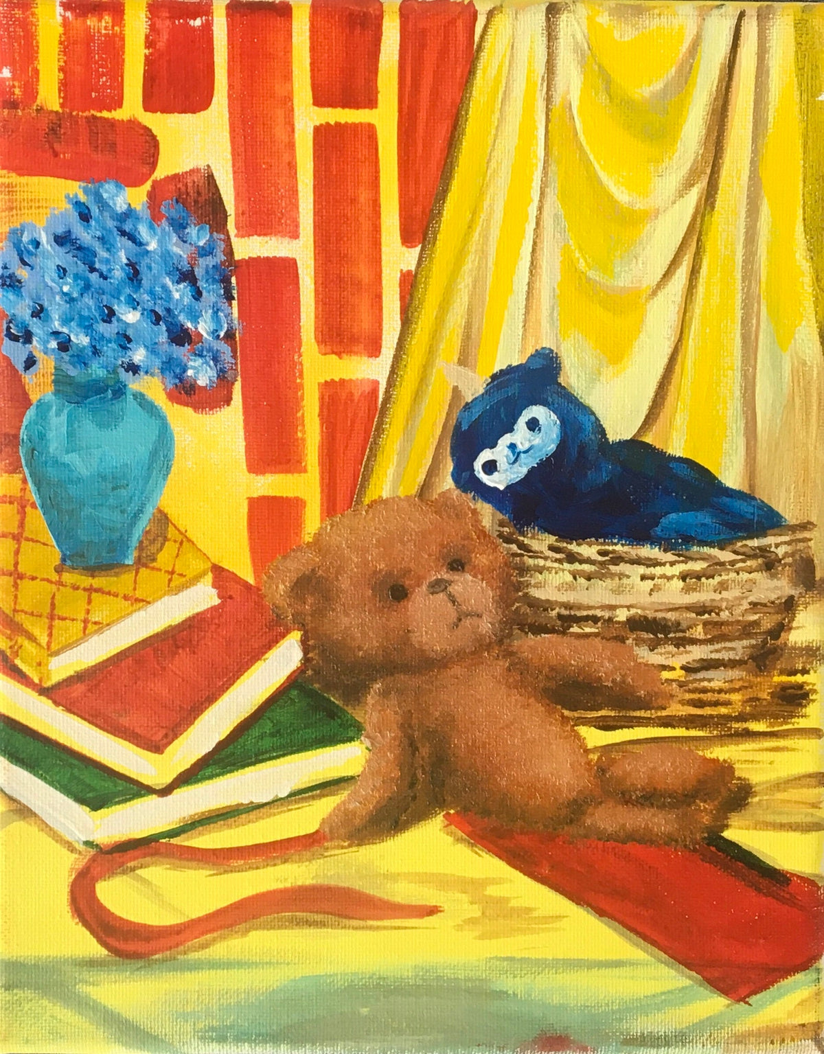Original oil painting nursery art child room kid teddy bear toy wall hanging