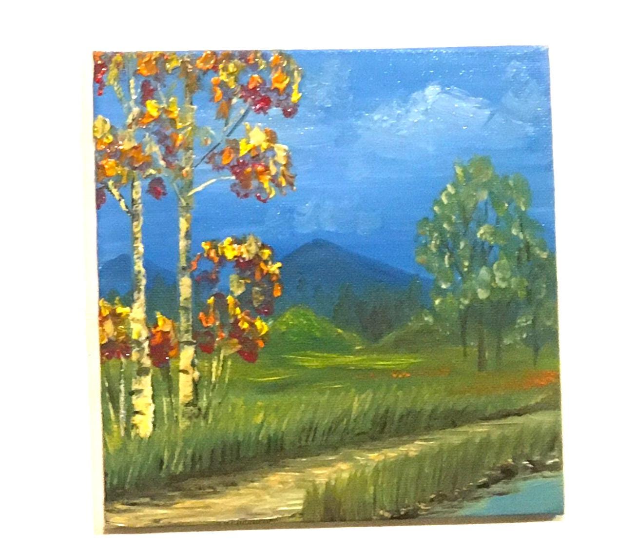 Original 6x6 inches oil painting landscape mountain trees small canvas art