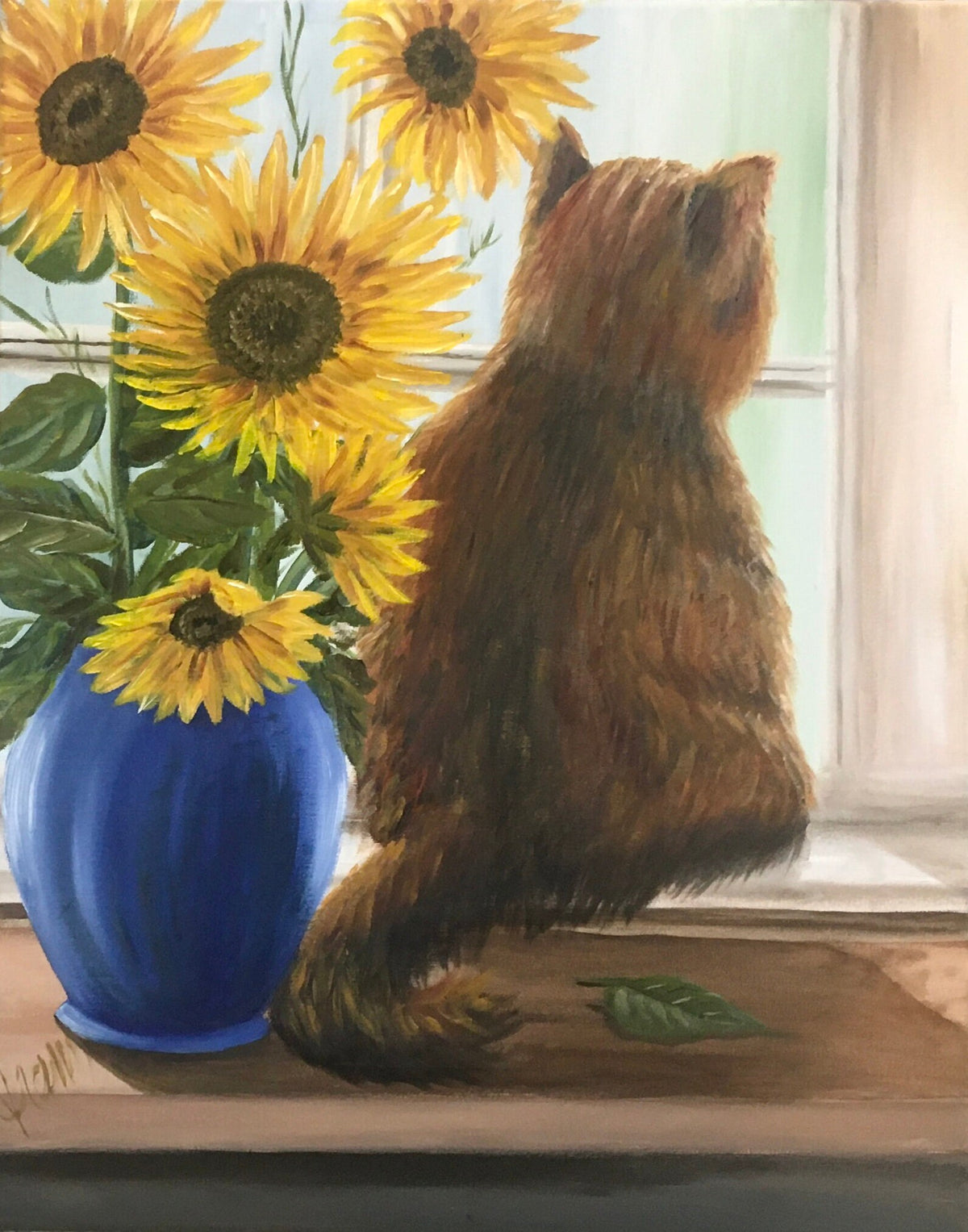Original oil painting cat in widow sunflowers art ready ooak wall hanging gift