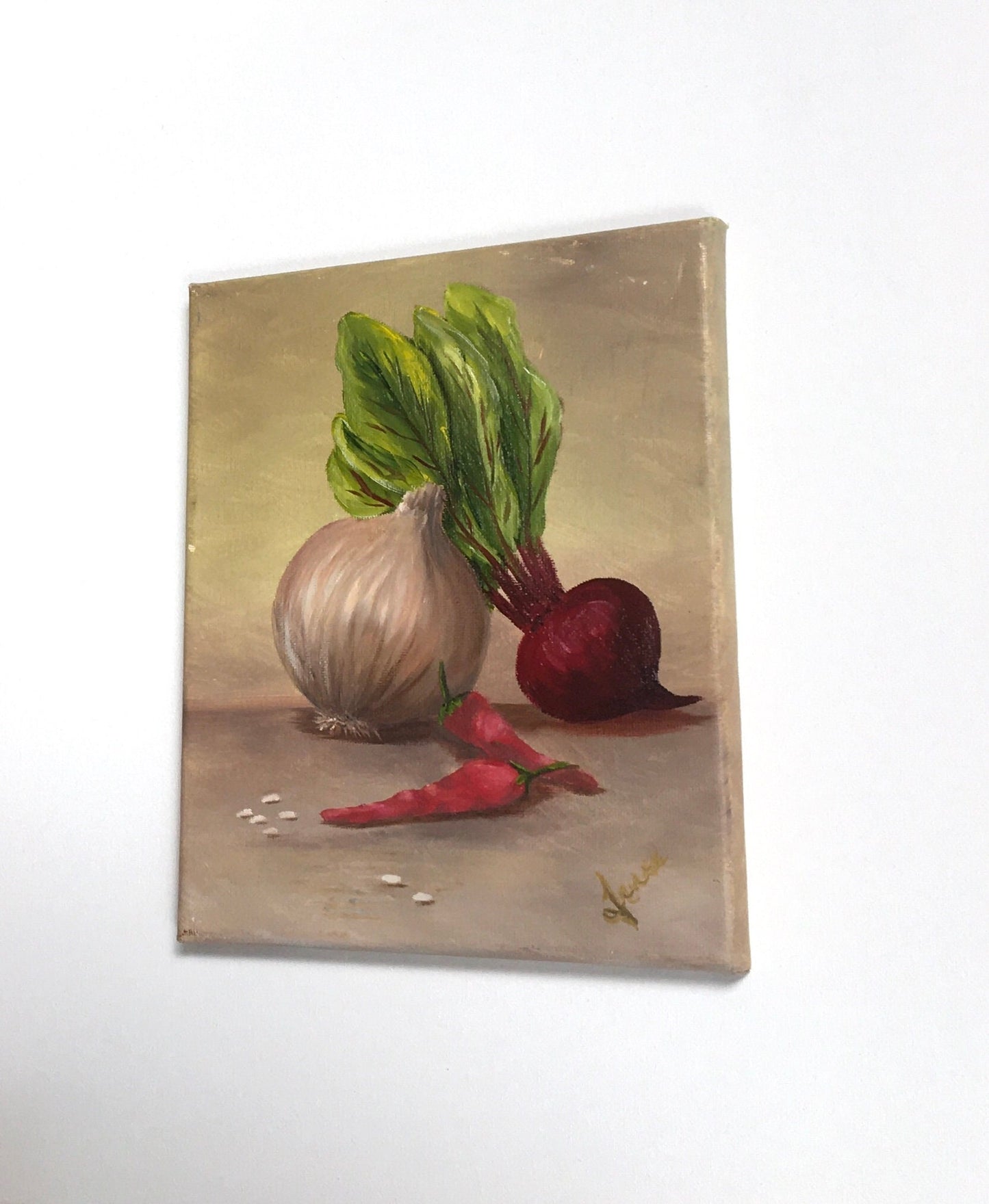 Original oil painting art onion turnip peppers kitchen food wall hanging