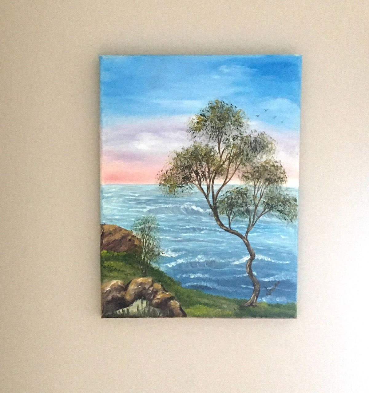 Landscape tree seascape 14x11 inches Original oil painting ocean art wall hanging