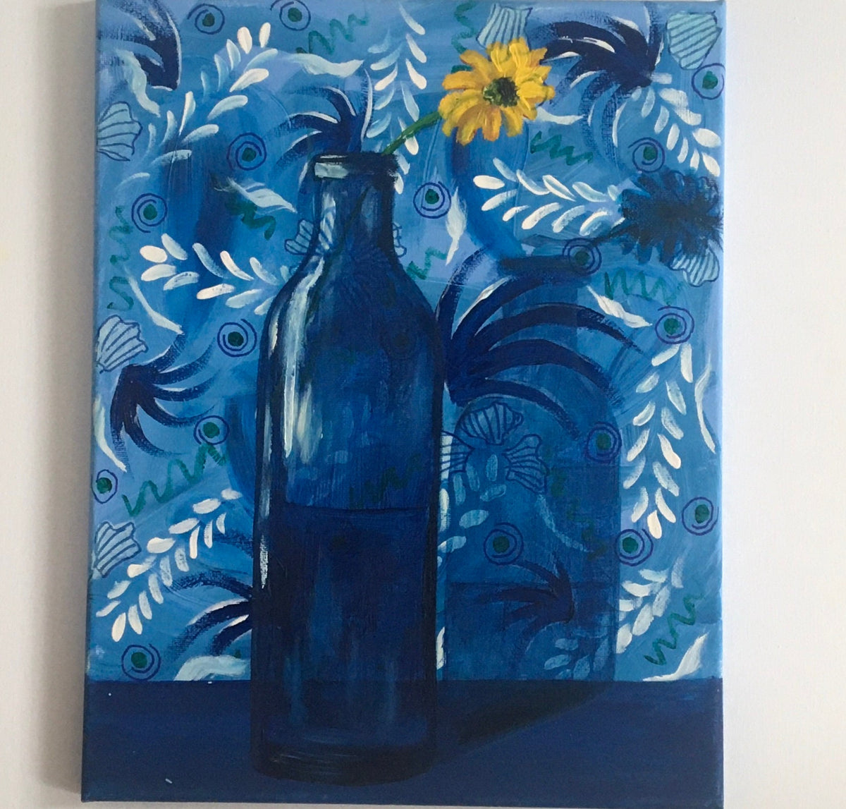 Original oil painting yellow flower in blue bottle art ready ooak wall hanging gift