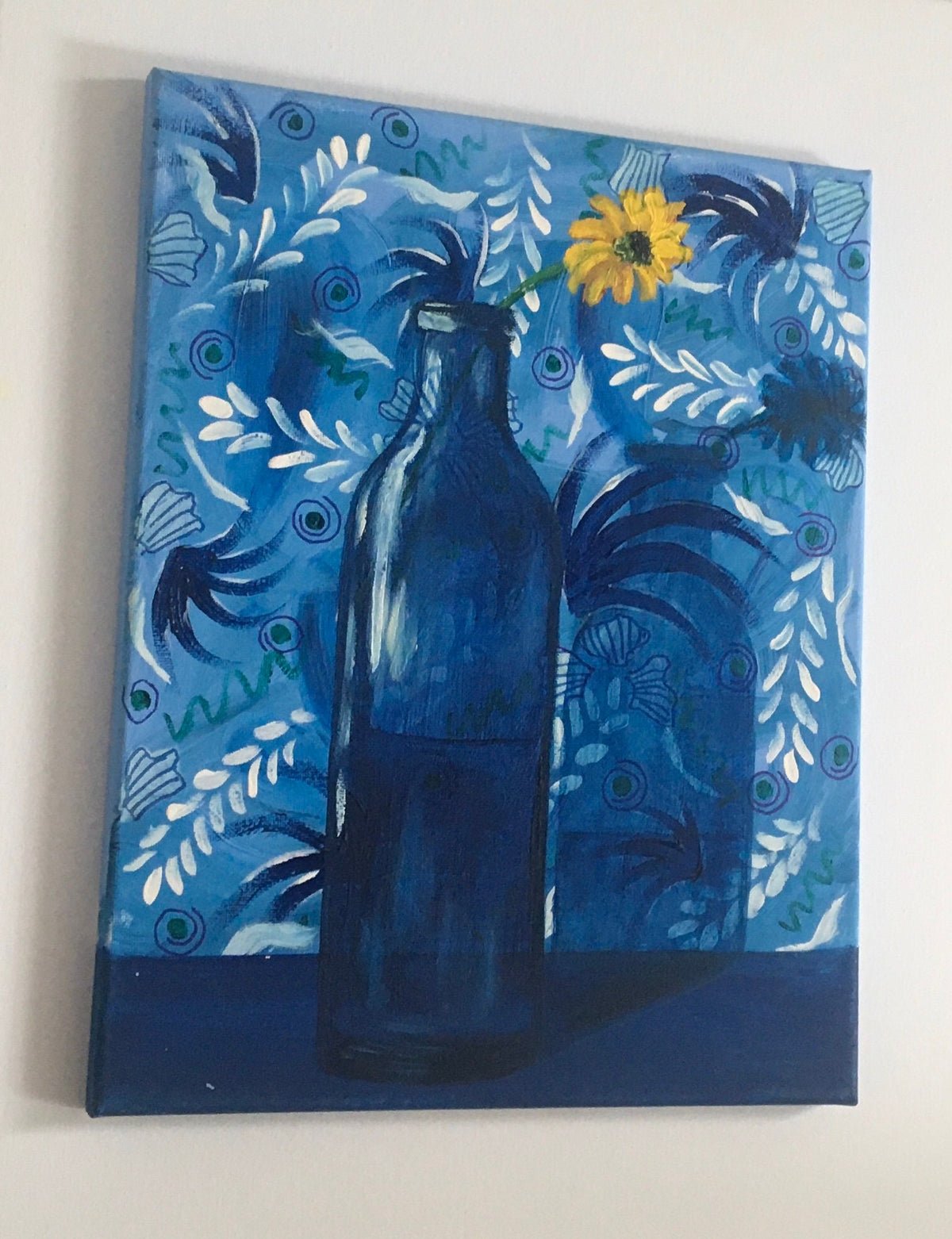 Original oil painting yellow flower in blue bottle art ready ooak wall hanging gift