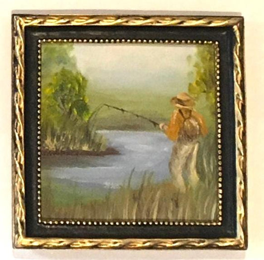 Man fishing Landscape Original oil painting art wall hanging or on desk