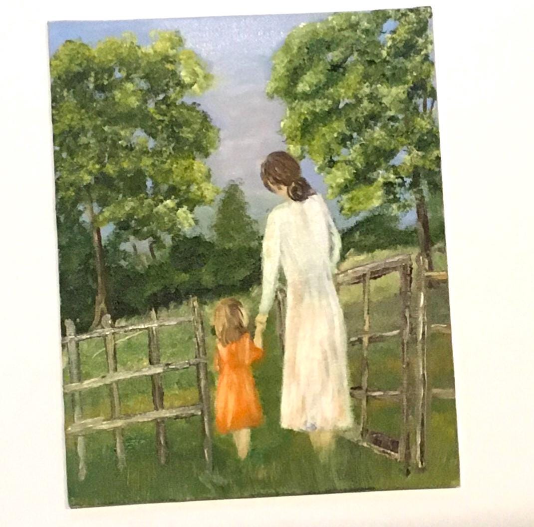 Original oil painting mother daughter entering a garden