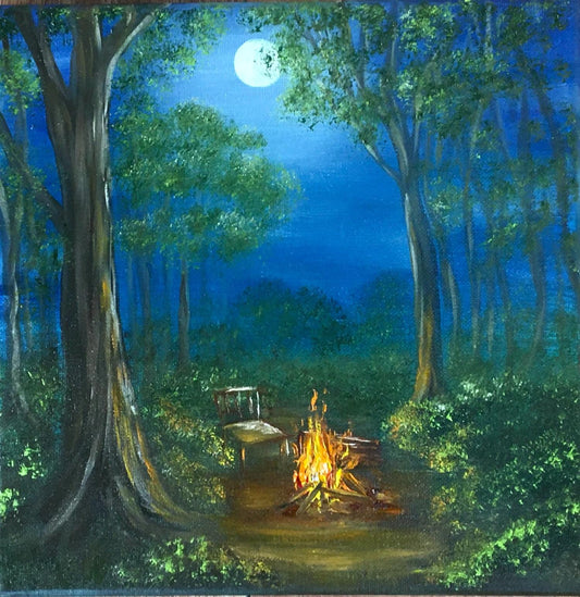 Stretched canvas 10x10 inches fire outside night full moon Original oil painting wall hanging
