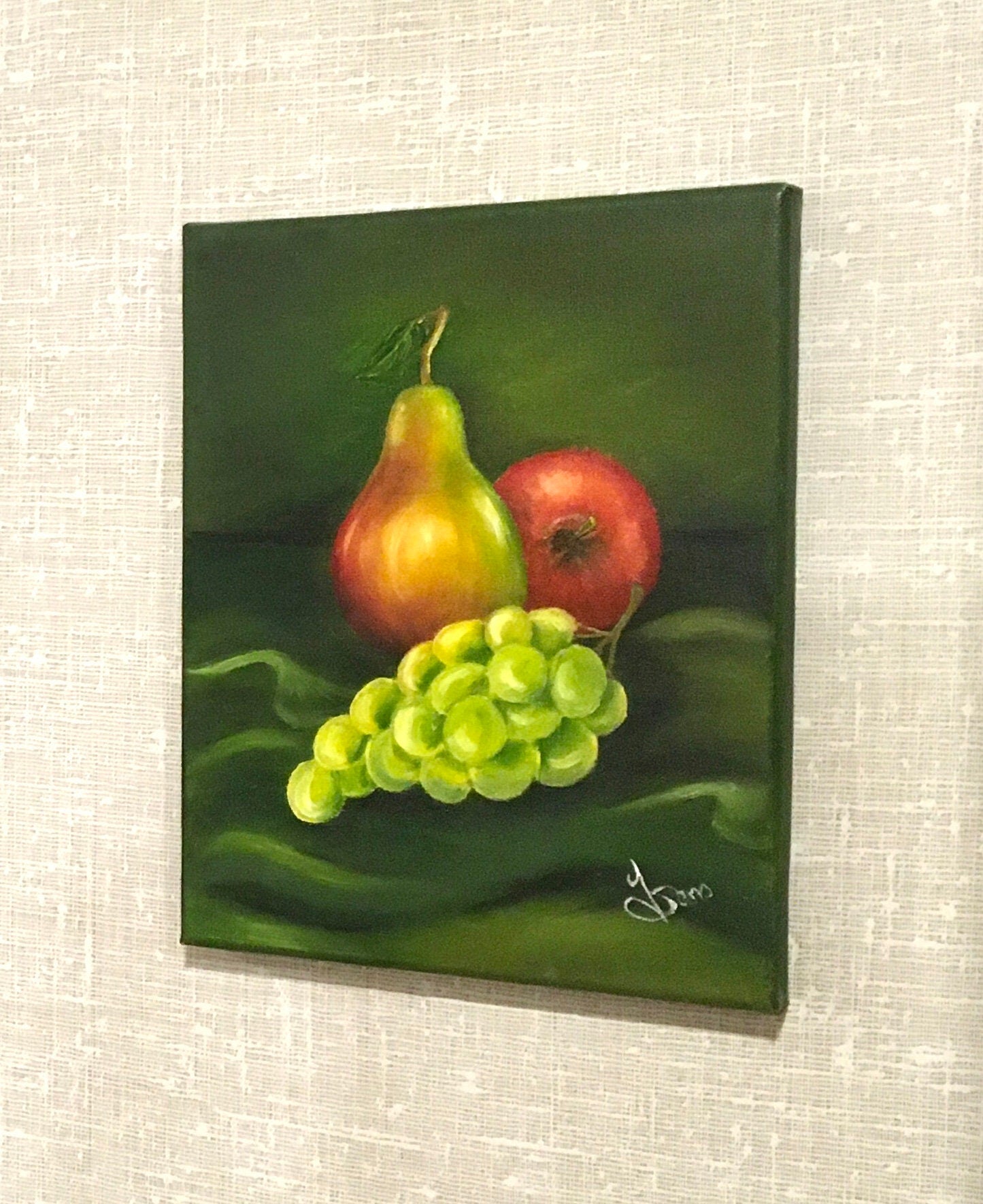 Original oil painting art fruits apple pear grapes kitchen food wall hanging