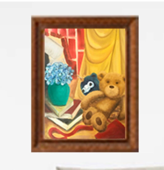 Original oil painting teddy bear child’s table toys still life nursery art ready ooak wall hanging