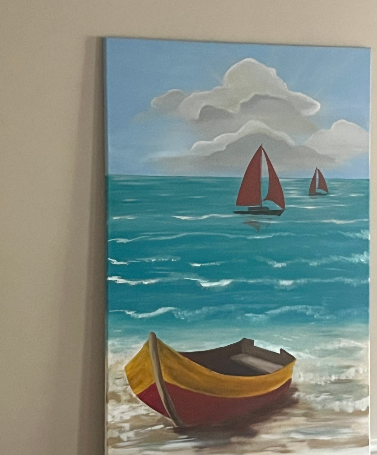 Original art beach seascape boat relaxing art painting canvas art wall hanging