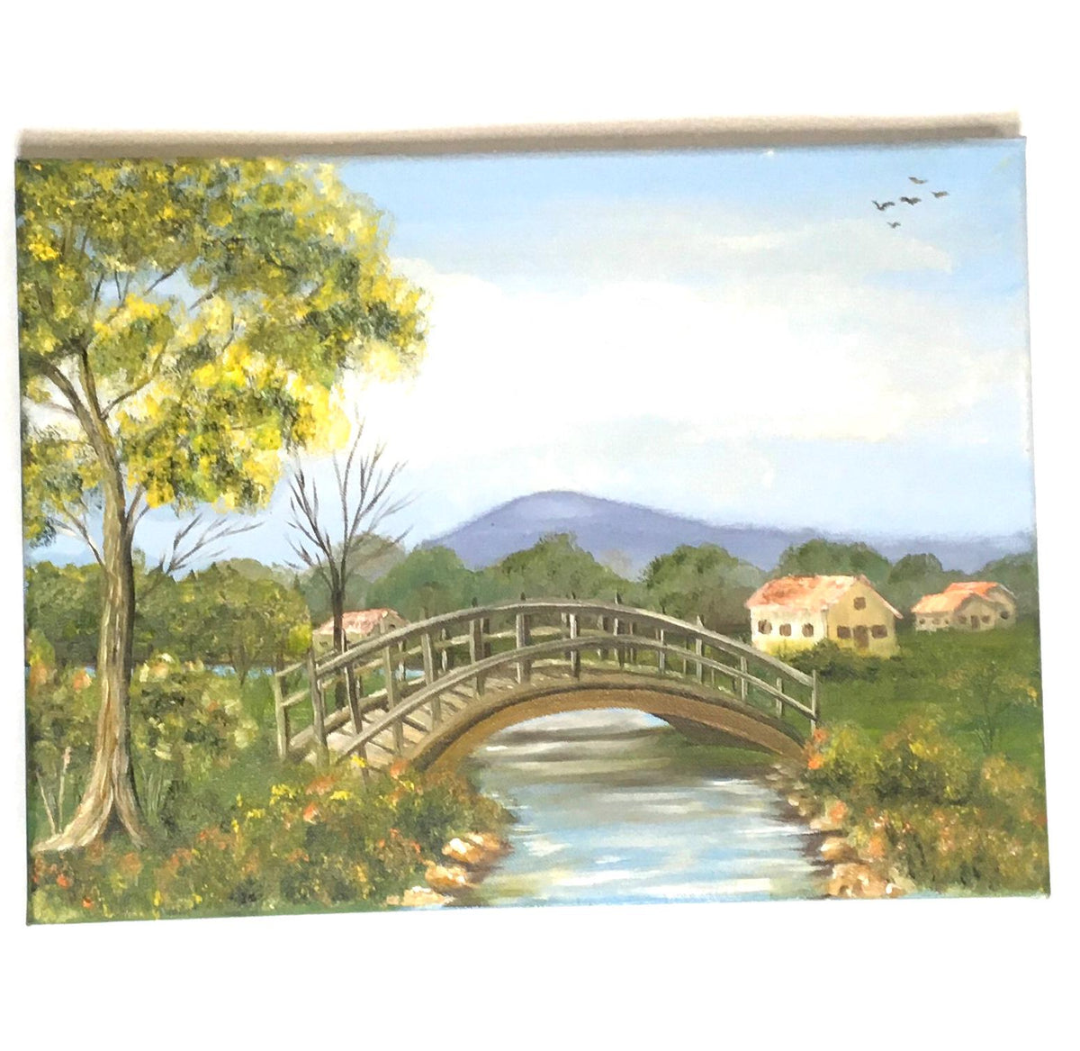 Landscape bridge 16x20 inches Original oil painting outdoor sunny day art wall hanging