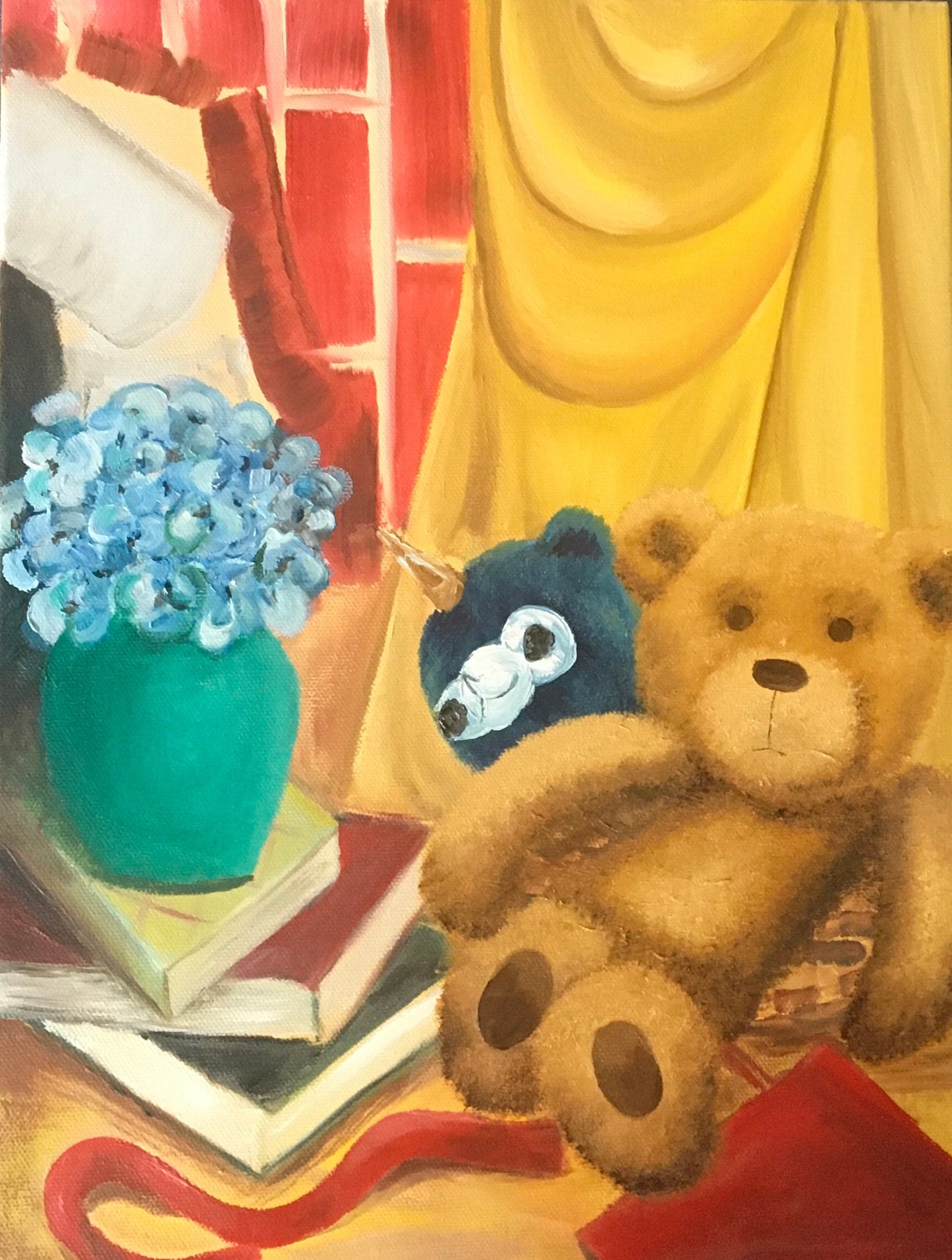 Original oil painting teddy bear child’s table toys still life nursery art ready ooak wall hanging