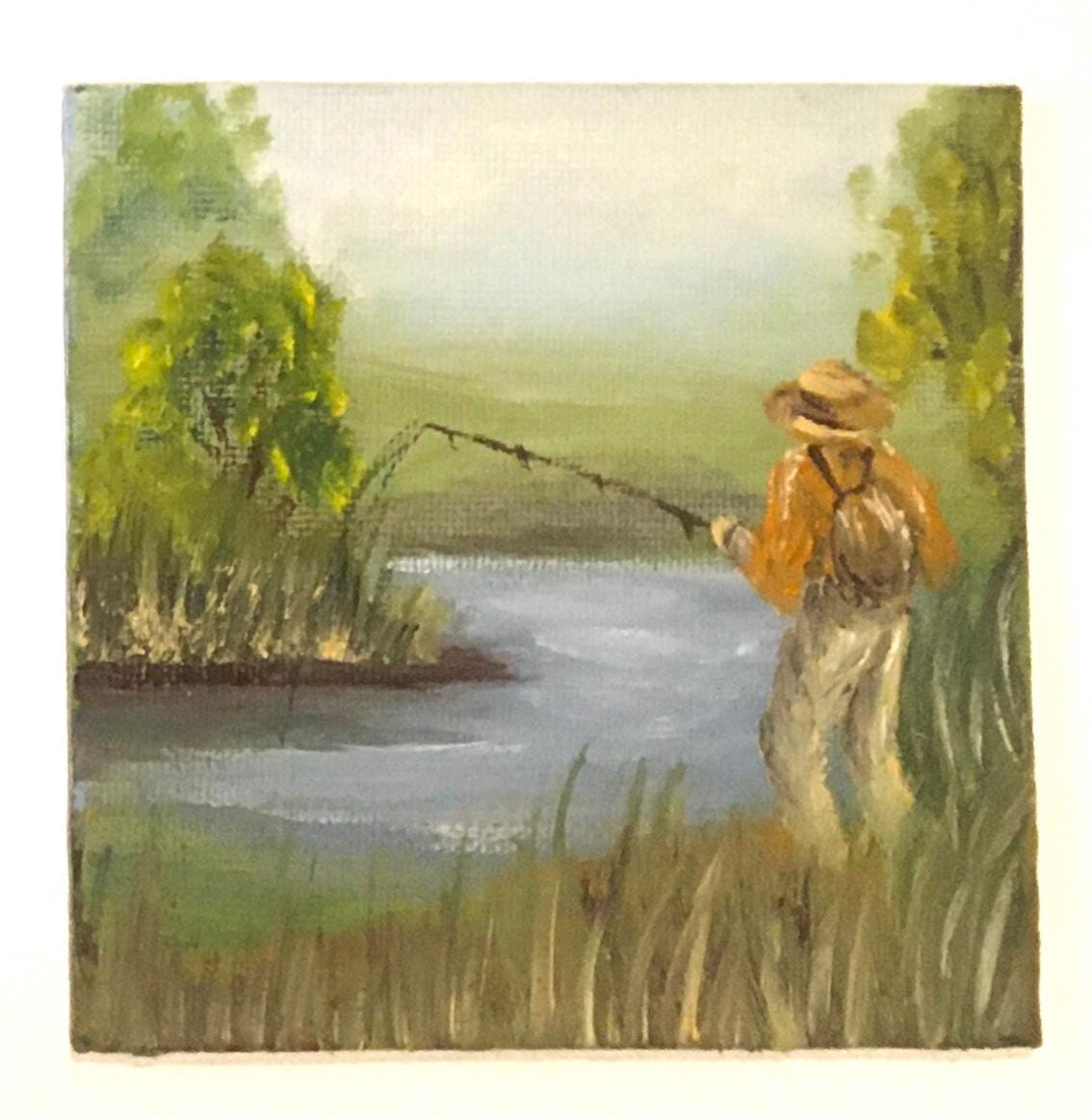 Man fishing Landscape Original oil painting art wall hanging or on desk