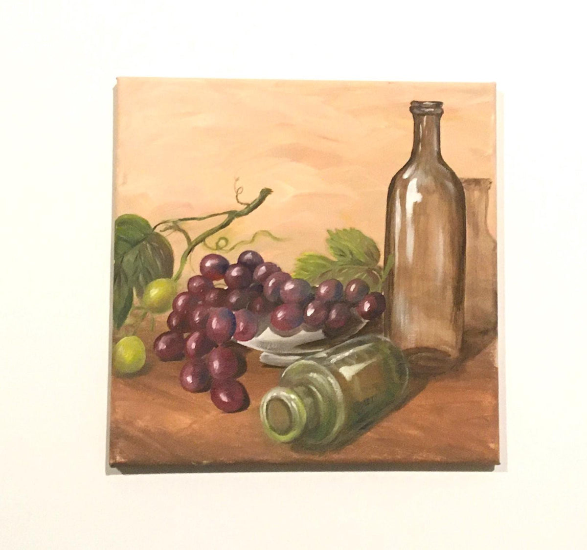 Original oil painting bottles grapes kitchen food art ready ooak wall hanging gift