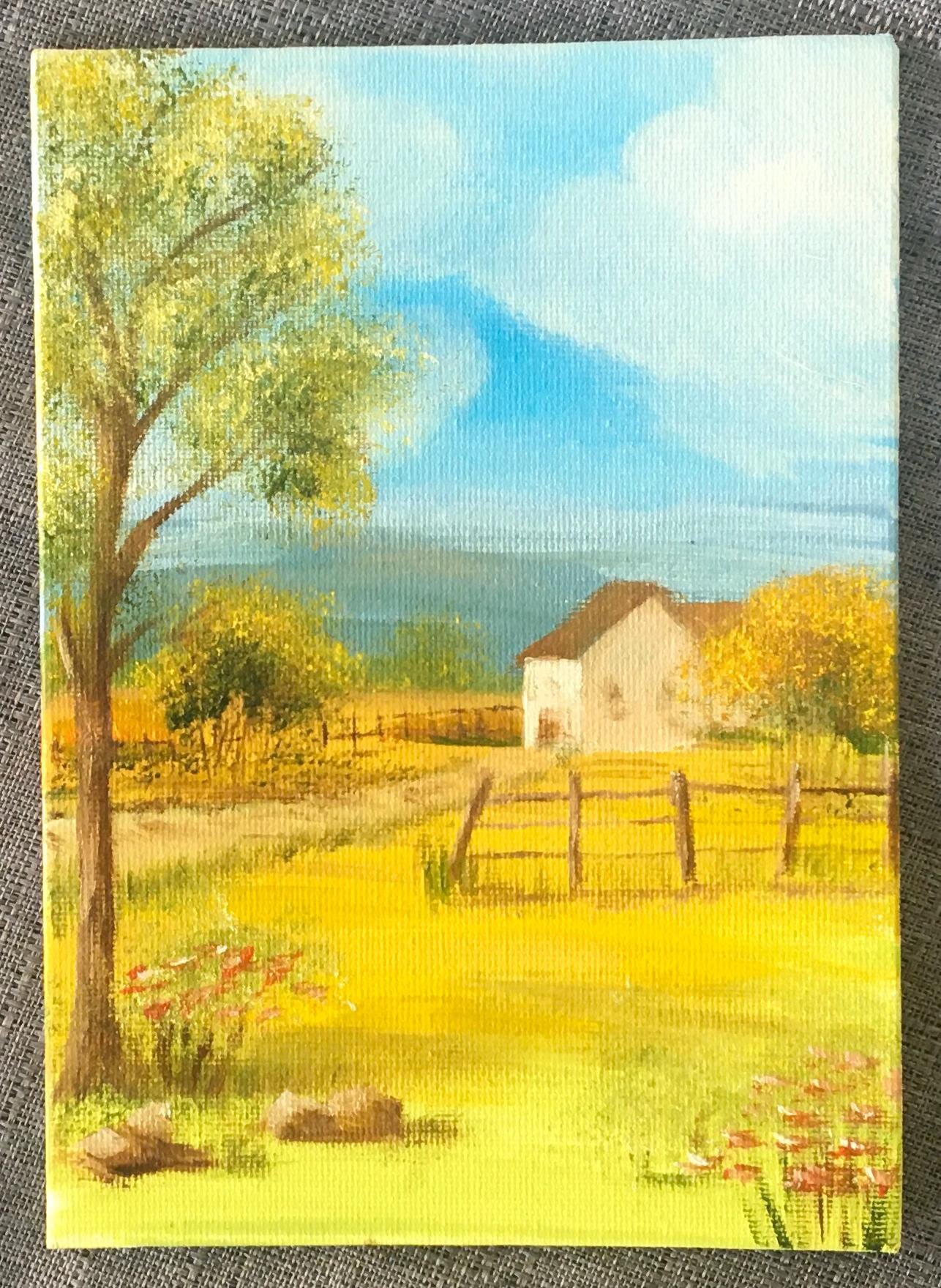 Original 5x7 art Landscape cottage trees oil painting art wall hanging
