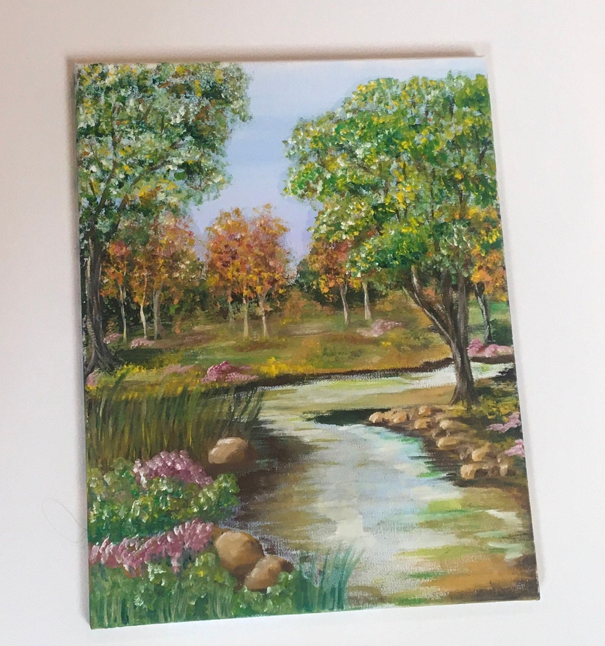 Landscape relaxing outdoor stream trees Original oil painting art wall hanging