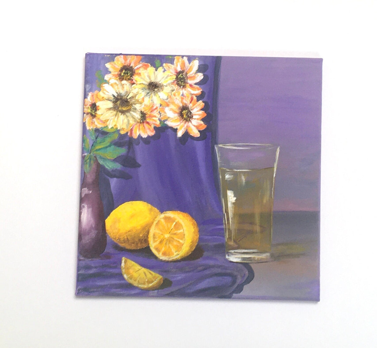 Original oil painting art lemon lemonade flowers still life kitchen food wall hanging