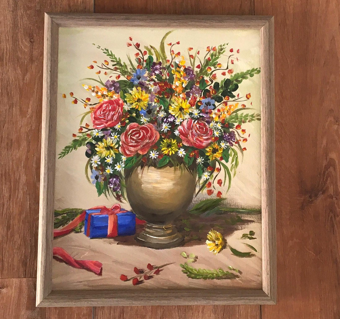 Original oil painting colorful flowers in a vase art ready ooak wall hanging gift