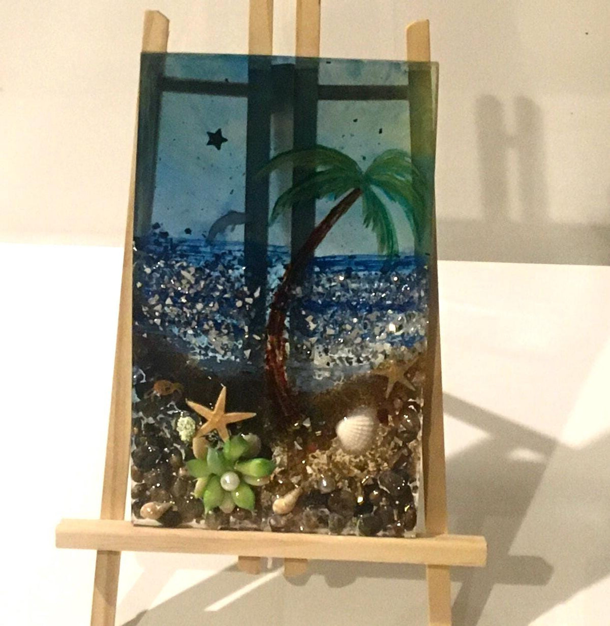 Original painting 3D glass resin art seascape palm tree relaxing vacation ooak collectable gift