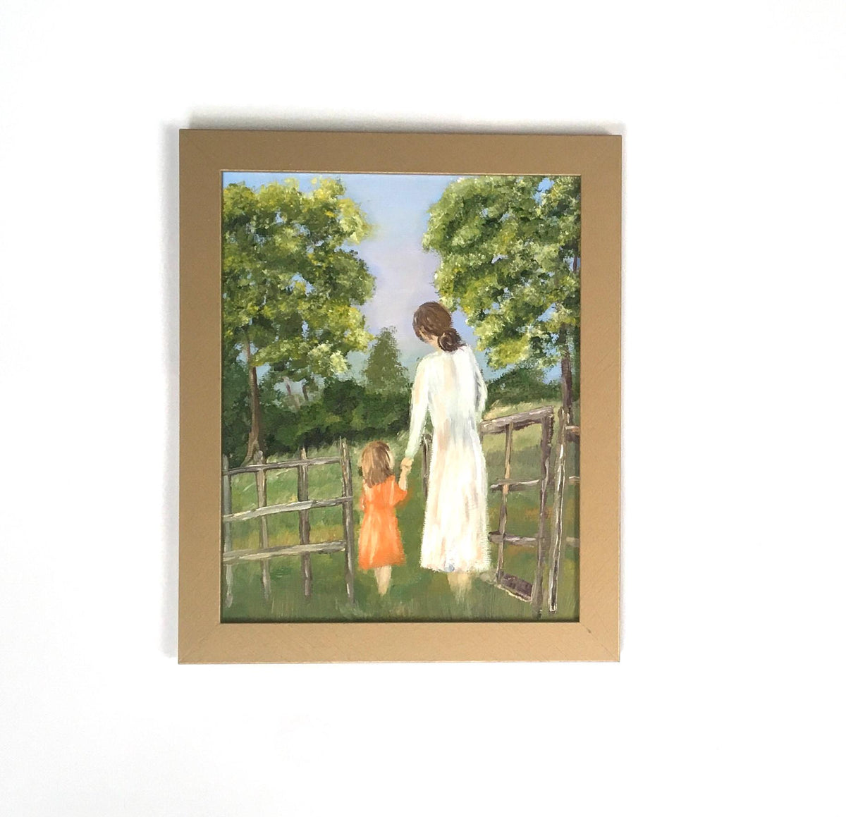 Original oil painting mother daughter entering a garden