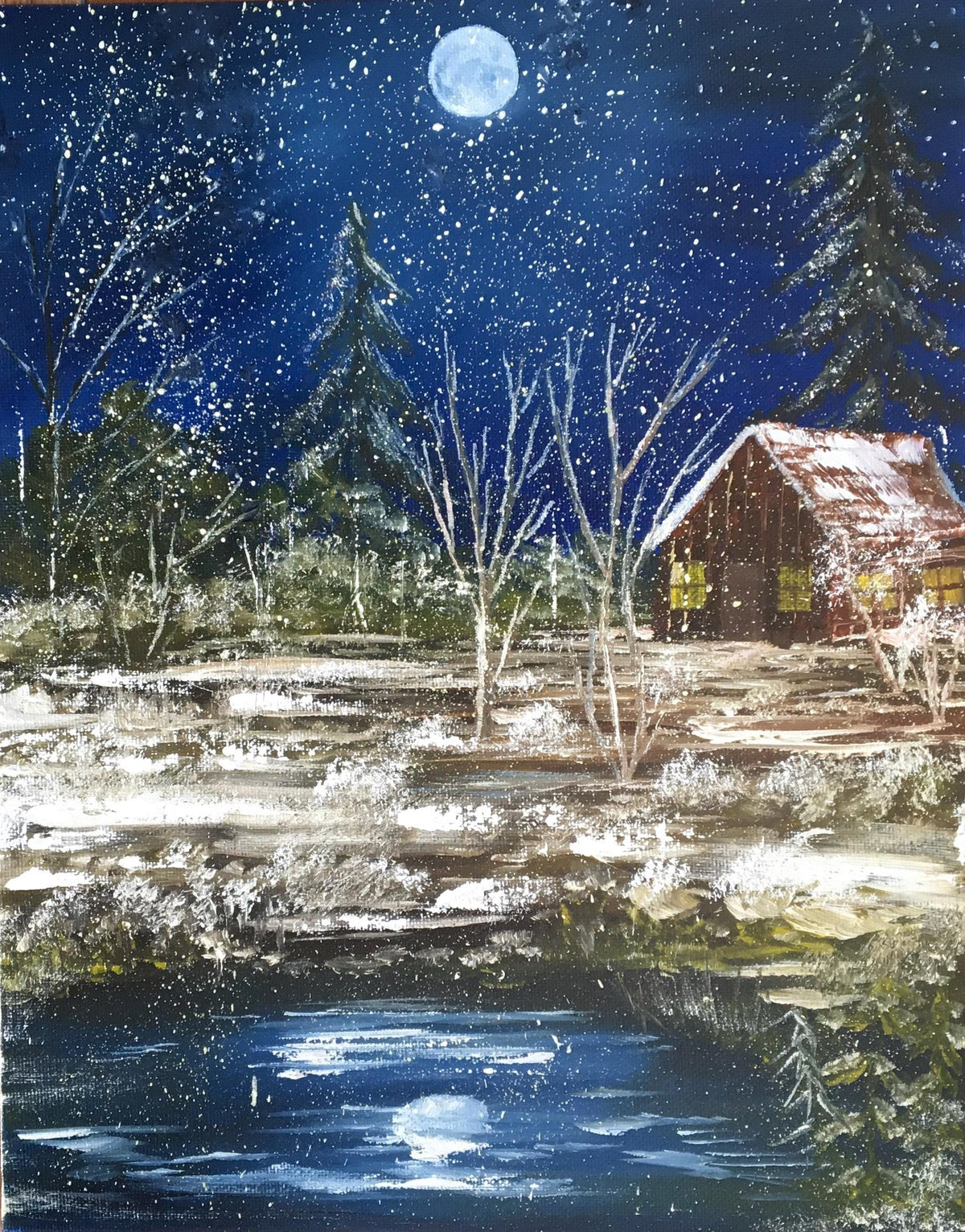 Original oil painting landscape winter night full moon outdoor art ready ooak wall hanging