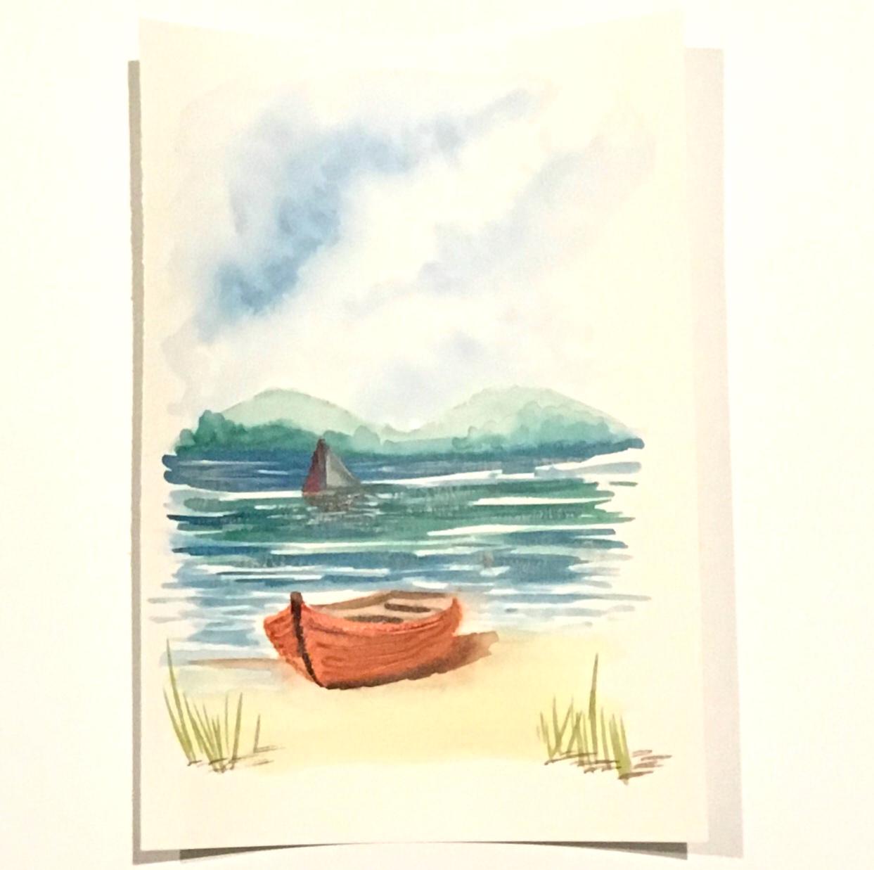 Seascape red boat 7x10 inches Original painting watercolor (not print)