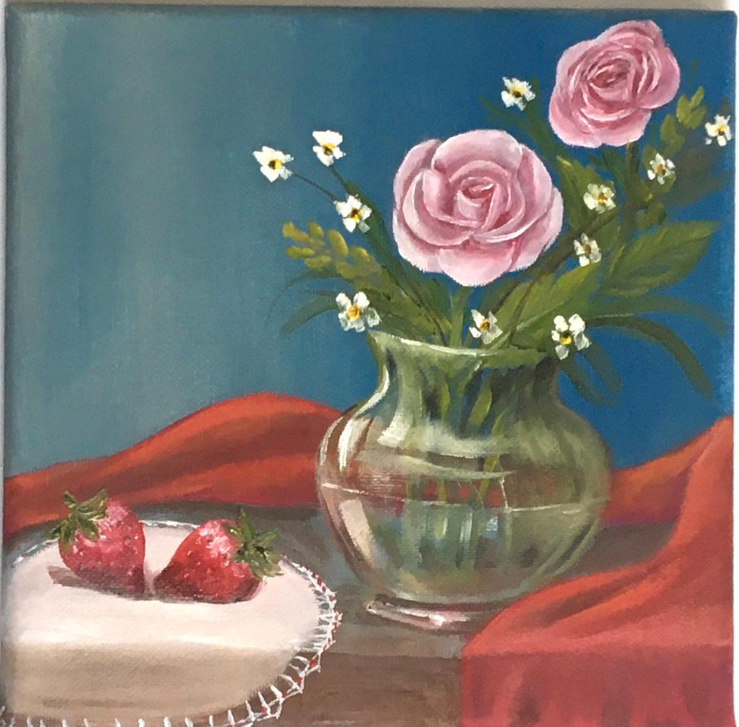 Original oil painting 8x8 inches red strawberries flowers vase art ready ooak wall hanging gift