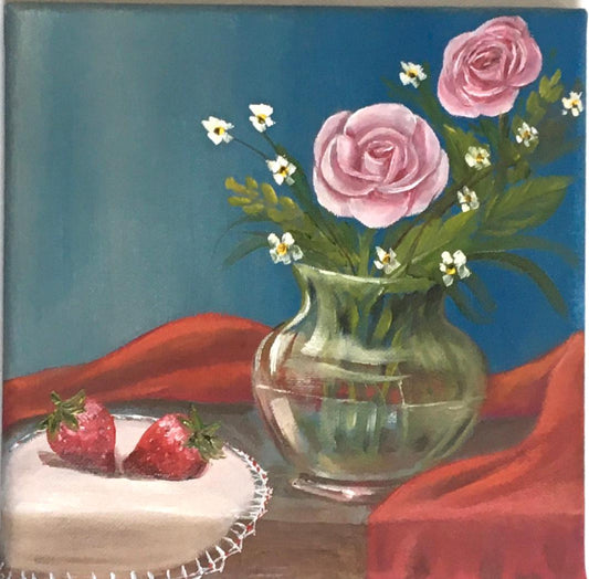 Original oil painting 8x8 inches red strawberries flowers vase art ready ooak wall hanging gift