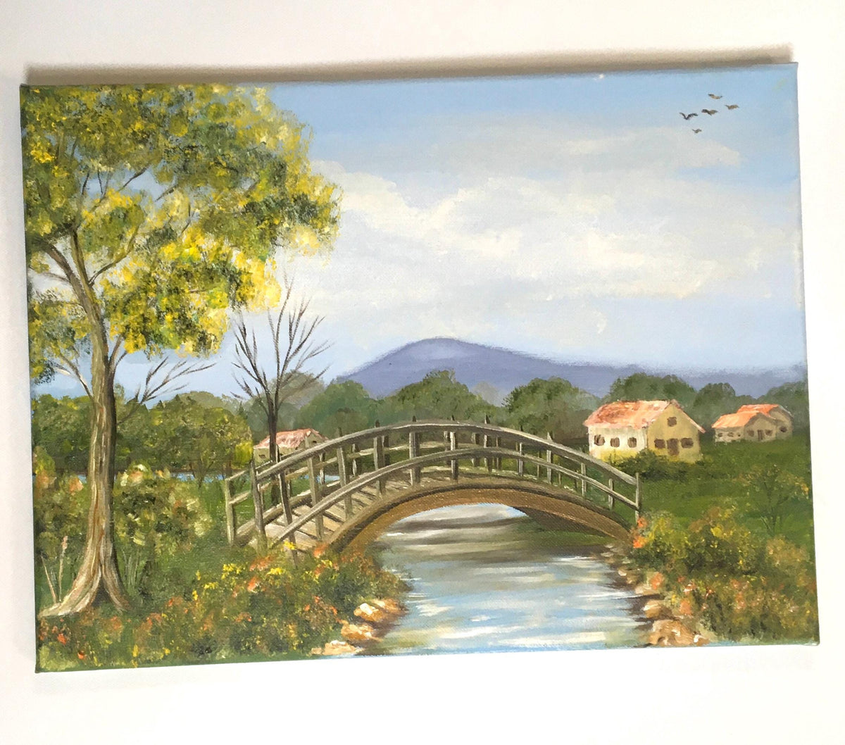 Landscape bridge 16x20 inches Original oil painting outdoor sunny day art wall hanging