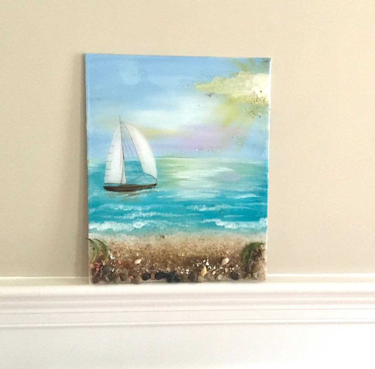 Original art beach seascape bird relaxing resin glass art 3D painting canvas board art wall hanging