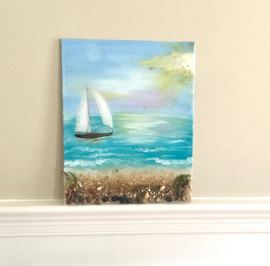 Original art beach seascape bird relaxing resin glass art 3D painting canvas board art wall hanging