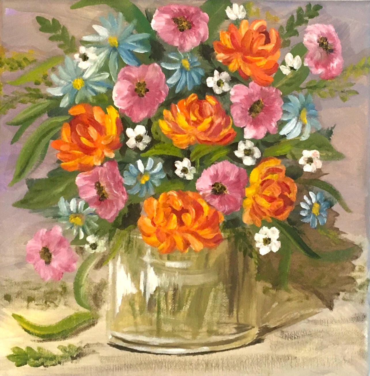 10x10 Original oil painting flowers in a vase art ready ooak wall hanging gift