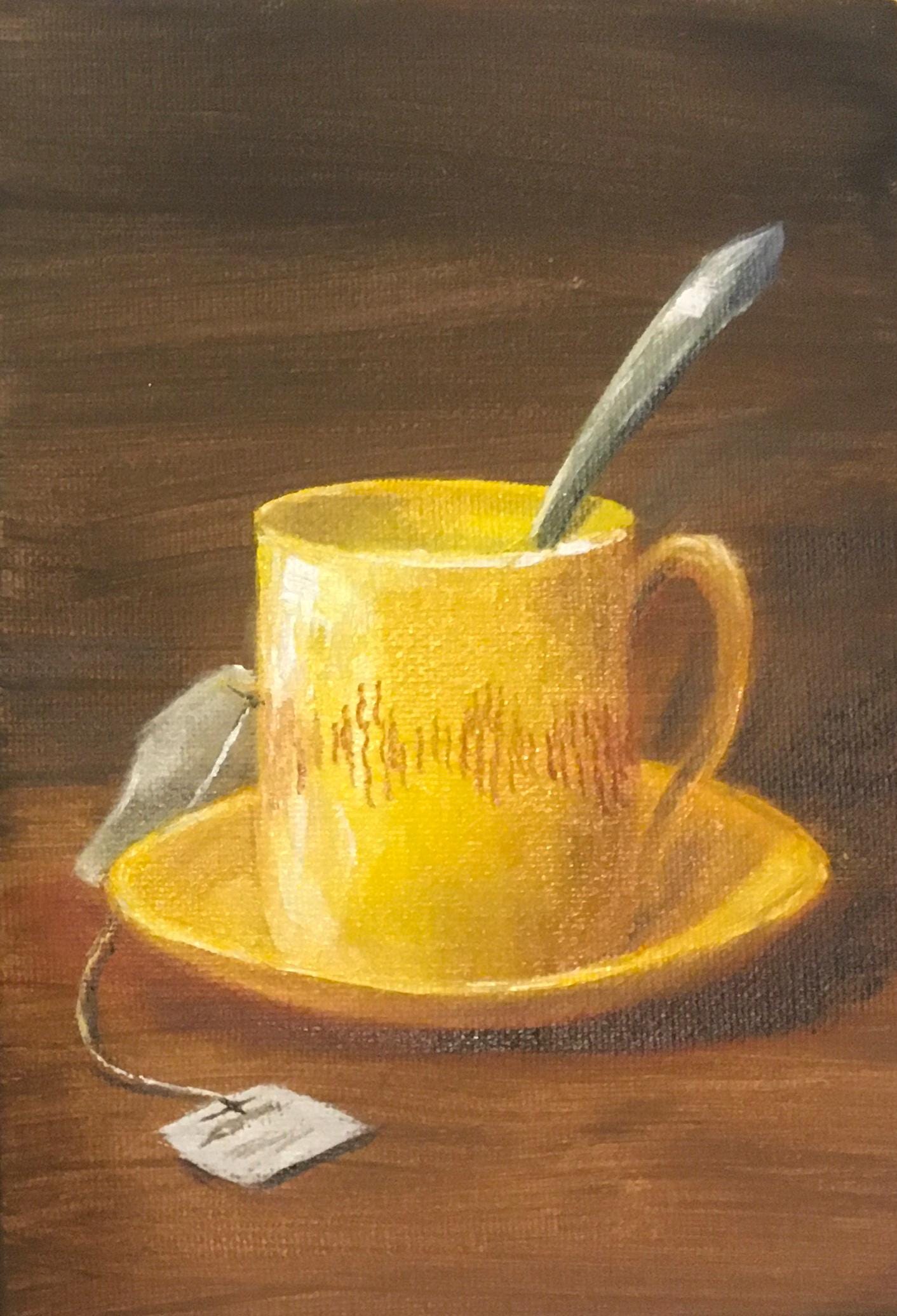 Original 5x7 inches oil painting yellow teacup small canvas board art