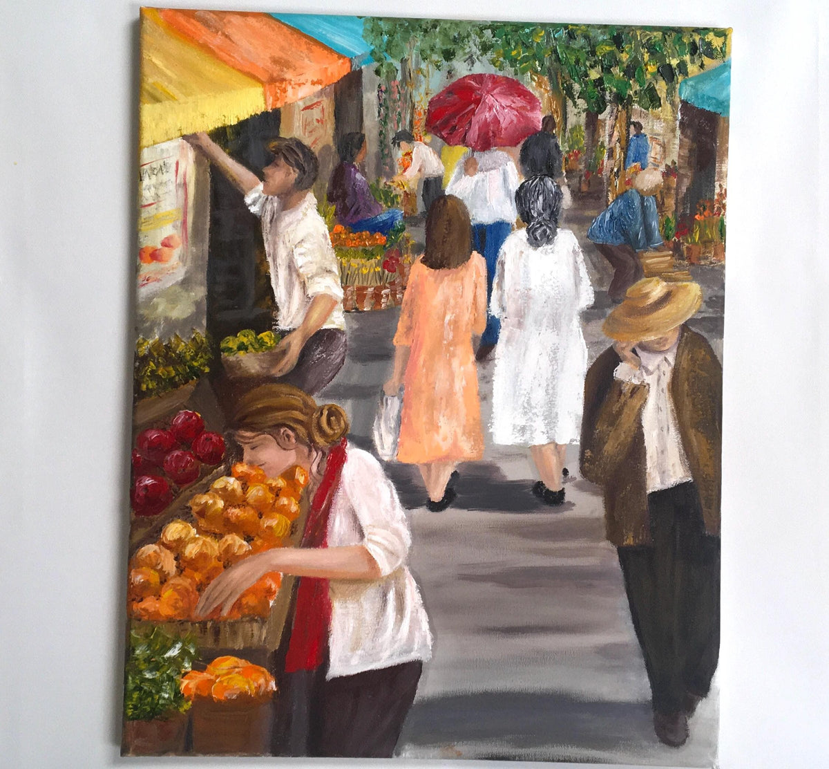 Farmers market shops 16x20 inches Original oil painting art wall hanging