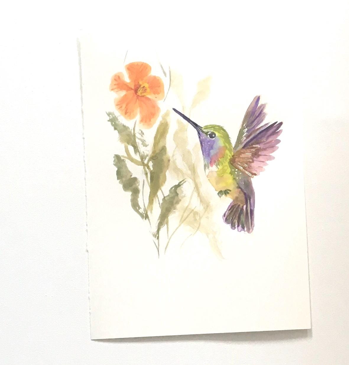 Flowers hummingbird 7x10 inches Original painting watercolor art (not print)