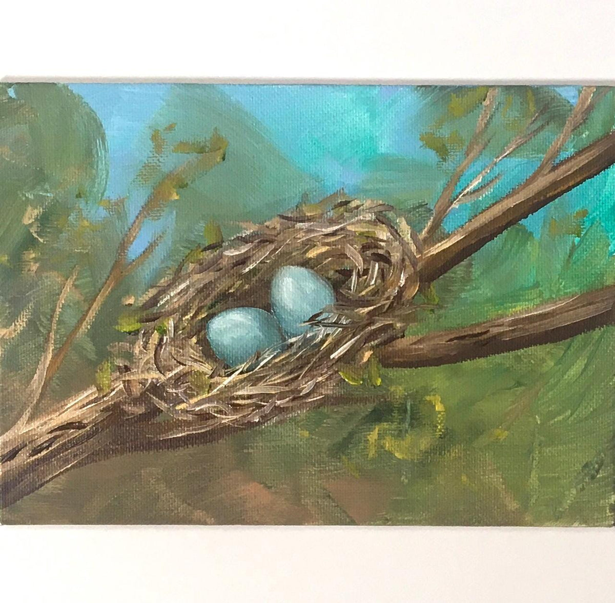 Two eggs in a nest Original oil painting outdoor happy family art wall hanging