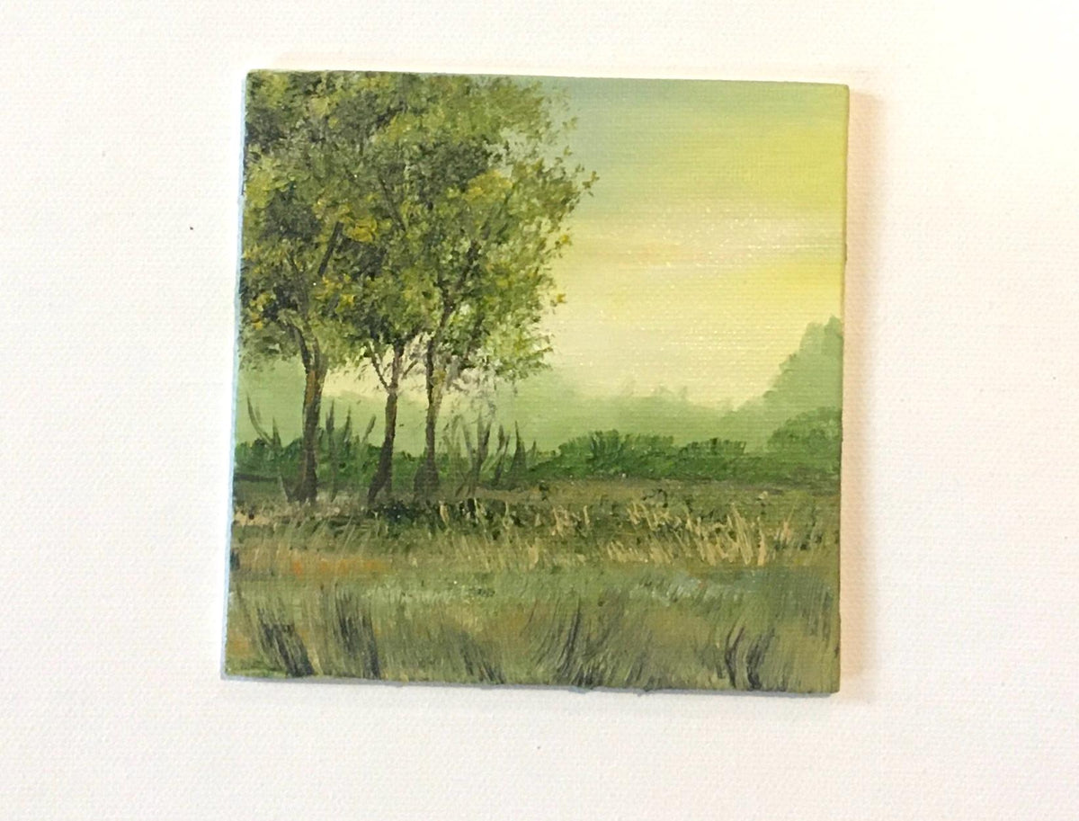 Landscape framed 4x4 inches Original oil painting art wall hanging or on desk