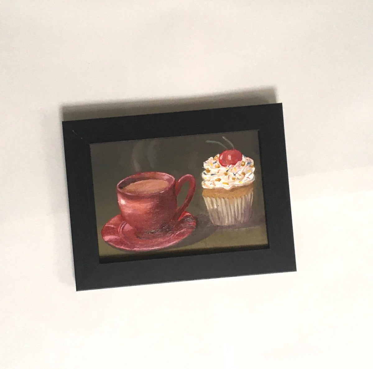 Framed Original 5x7 inches oil painting cupcake teacup small canvas board art