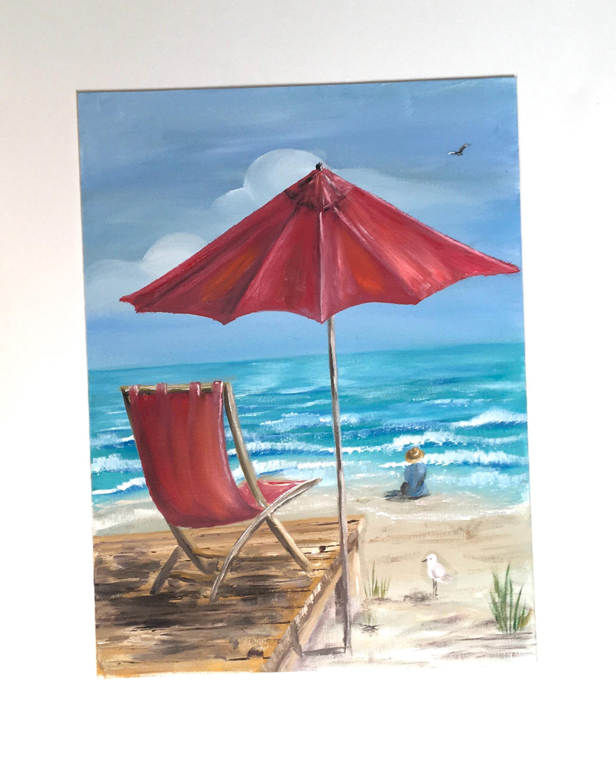 Seascape beach 16x12 inches Original oil painting red umbrella art wall hanging