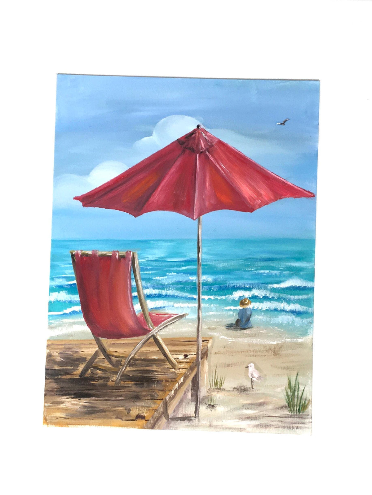 Seascape beach 16x12 inches Original oil painting red umbrella art wall hanging