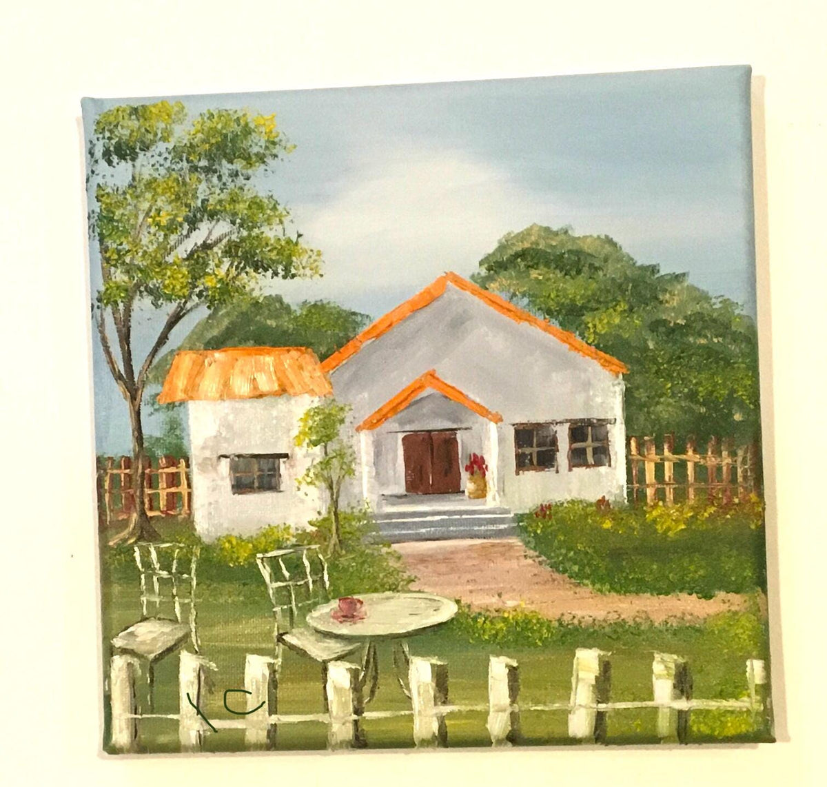 Landscape house cozy home table for two Original oil painting art wall hanging