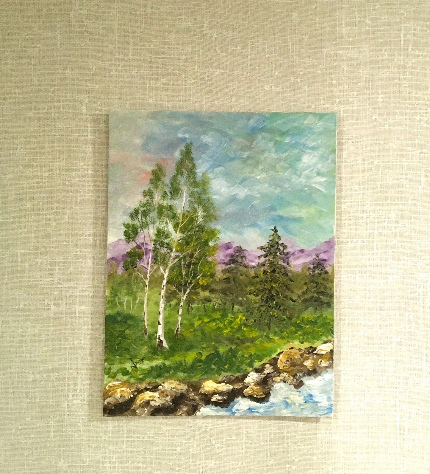 Original oil painting landscape tree stream mountains wall hanging
