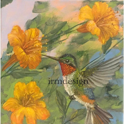 Original 10x10 oil painting nature hummingbird flowers art ready ooak wall hanging gift