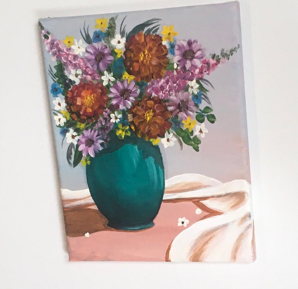 Original oil painting still life art flowers bouquet wall hanging
