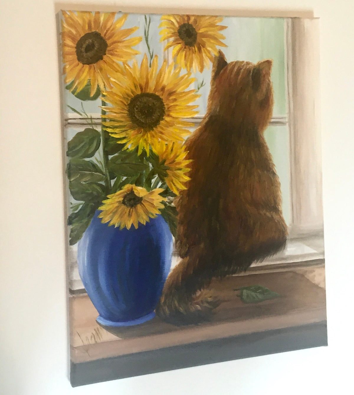 Original oil painting cat in widow sunflowers art ready ooak wall hanging gift