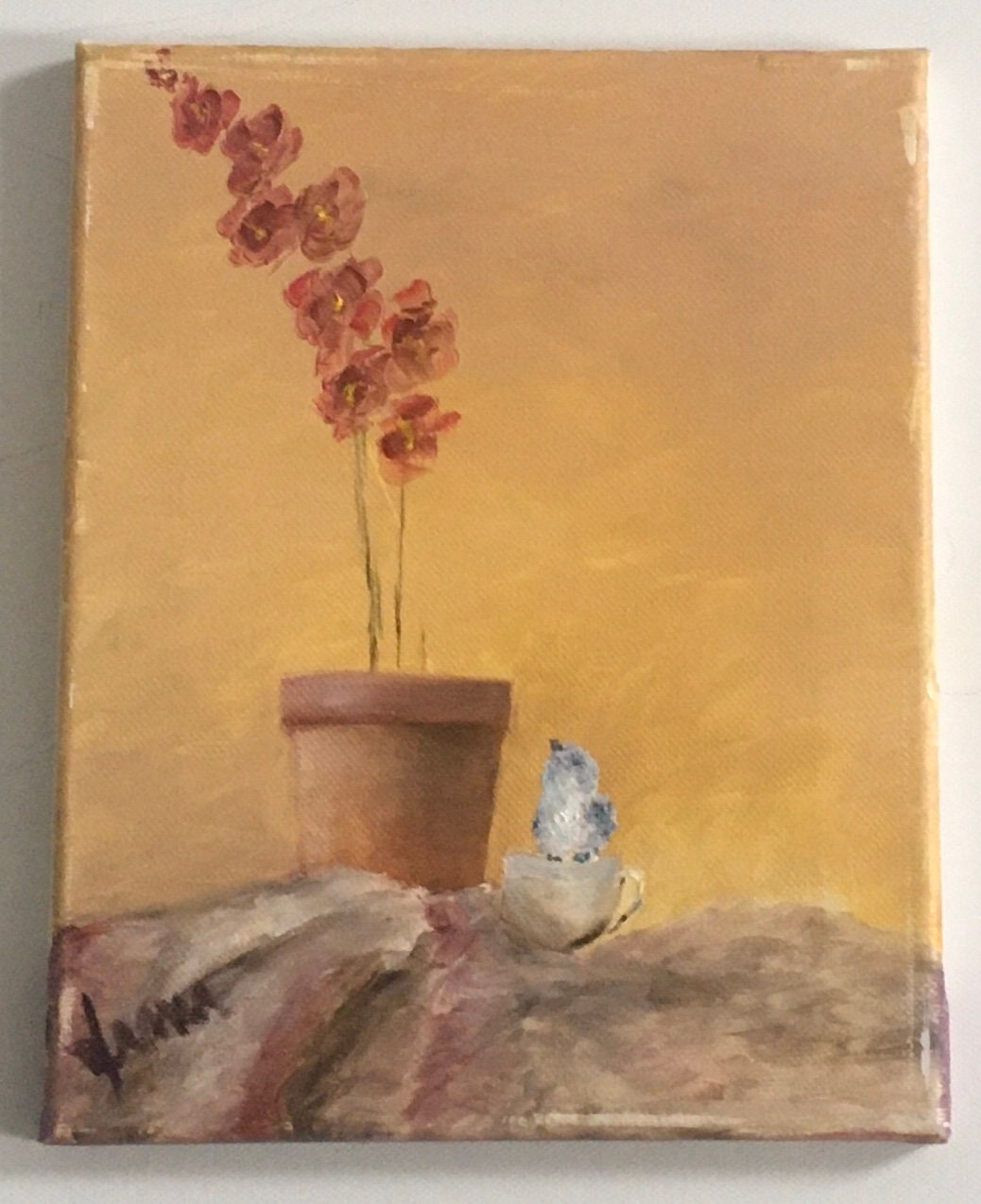 Original oil painting bird looking up at flowers ready to hang wall hanging