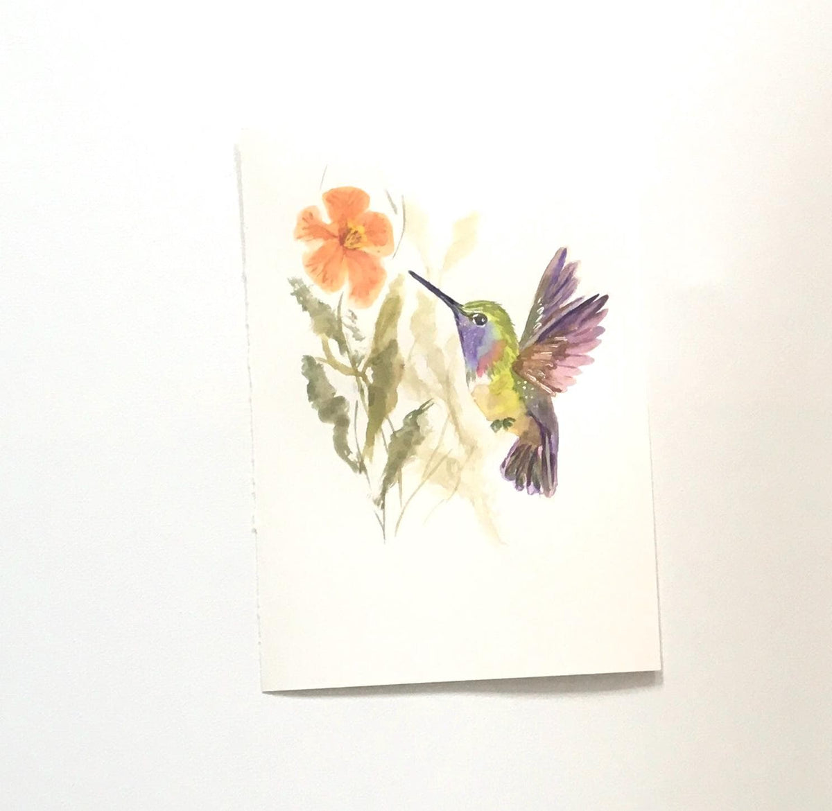 Flowers hummingbird 7x10 inches Original painting watercolor art (not print)